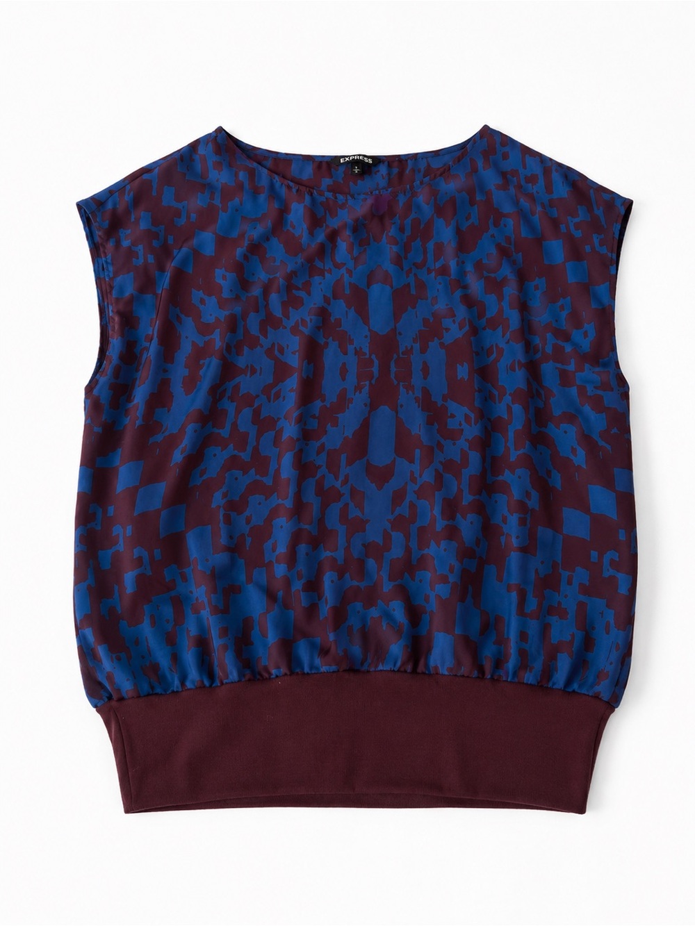 Express Blue and Burgundy Patterned Tank with Fitted Hem